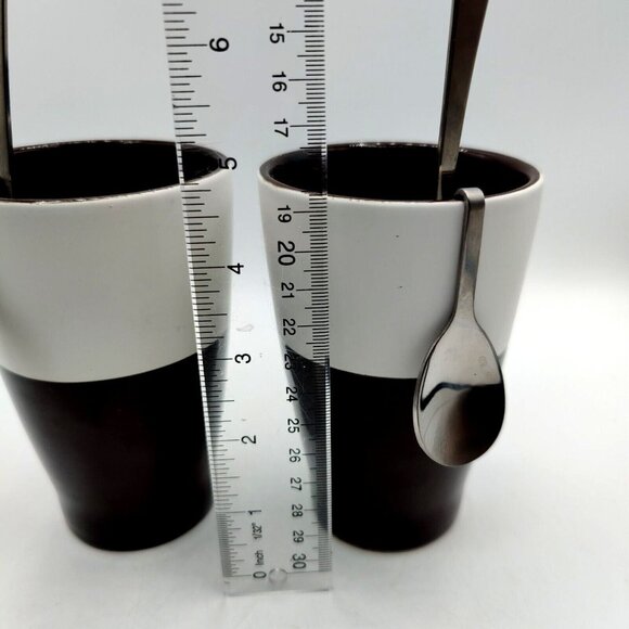 Two Tone Ceramic Coffee Mugs With Hanging Spoons 10 oz Cappuccino Latte Cups - Picture 3 of 7